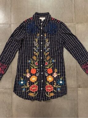 Johnny Was Western-Style Button-Down Shirt with Multicolor Floral Embroidery